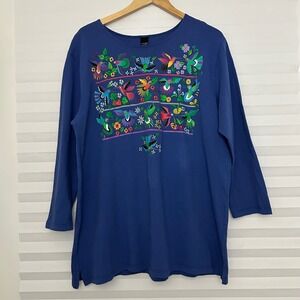 Sabaku Artwear Hummingbird Huipil Tunic Top Blue Cotton XL Womens 3/4 Sleeve